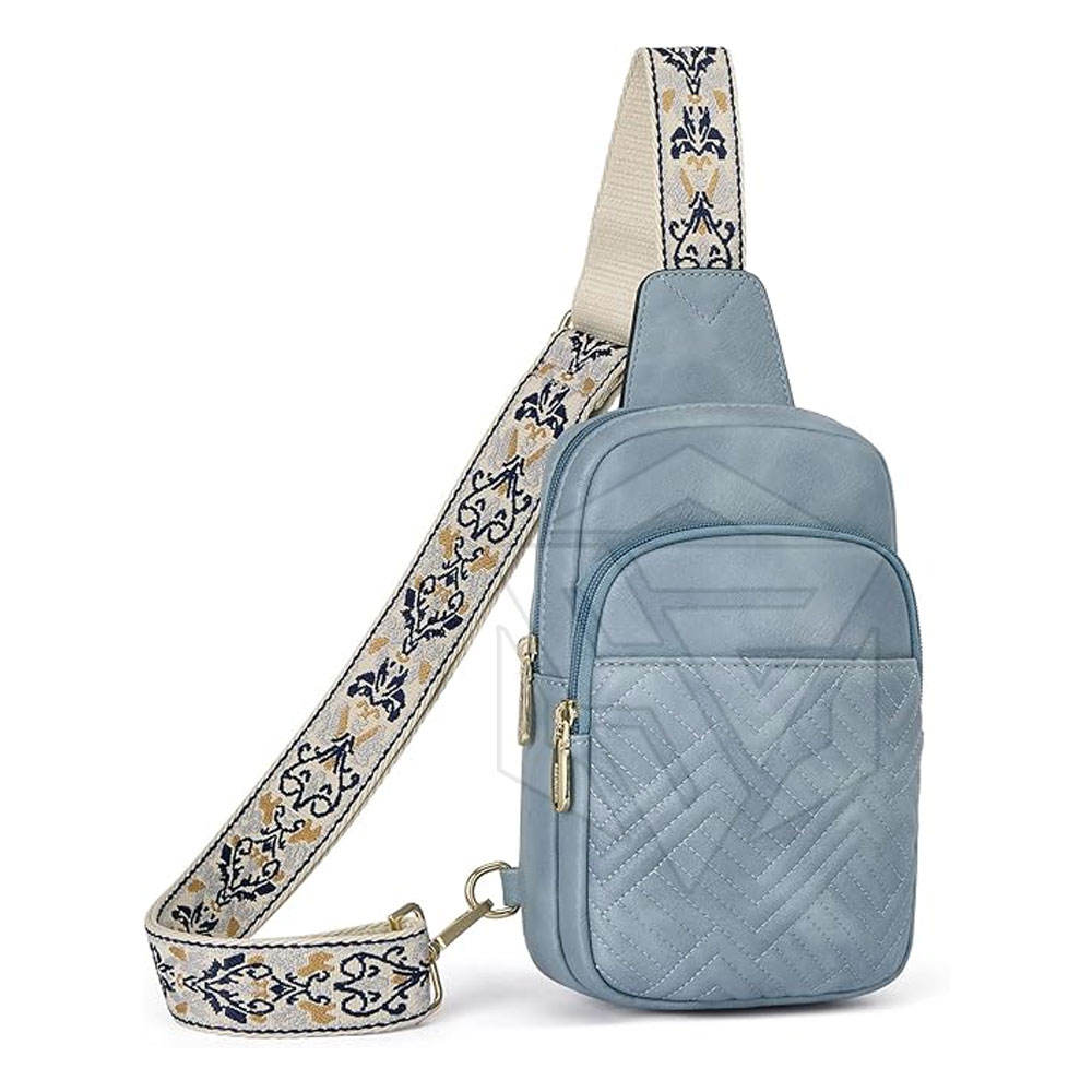 Light Blue Quilted Sling Bag, Floral Detachable Wide Strap Gold Zip Hardware