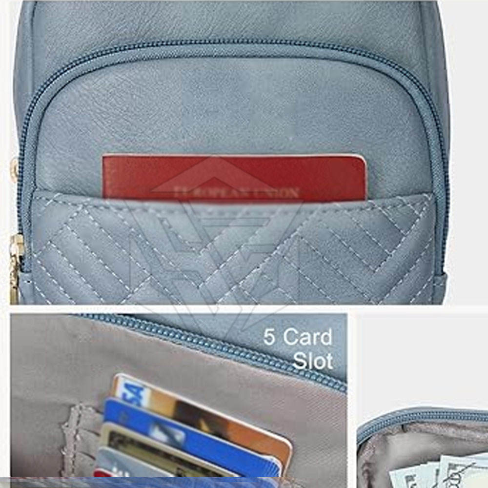 Light Blue Quilted Sling Bag, Floral Detachable Wide Strap Gold Zip Hardware