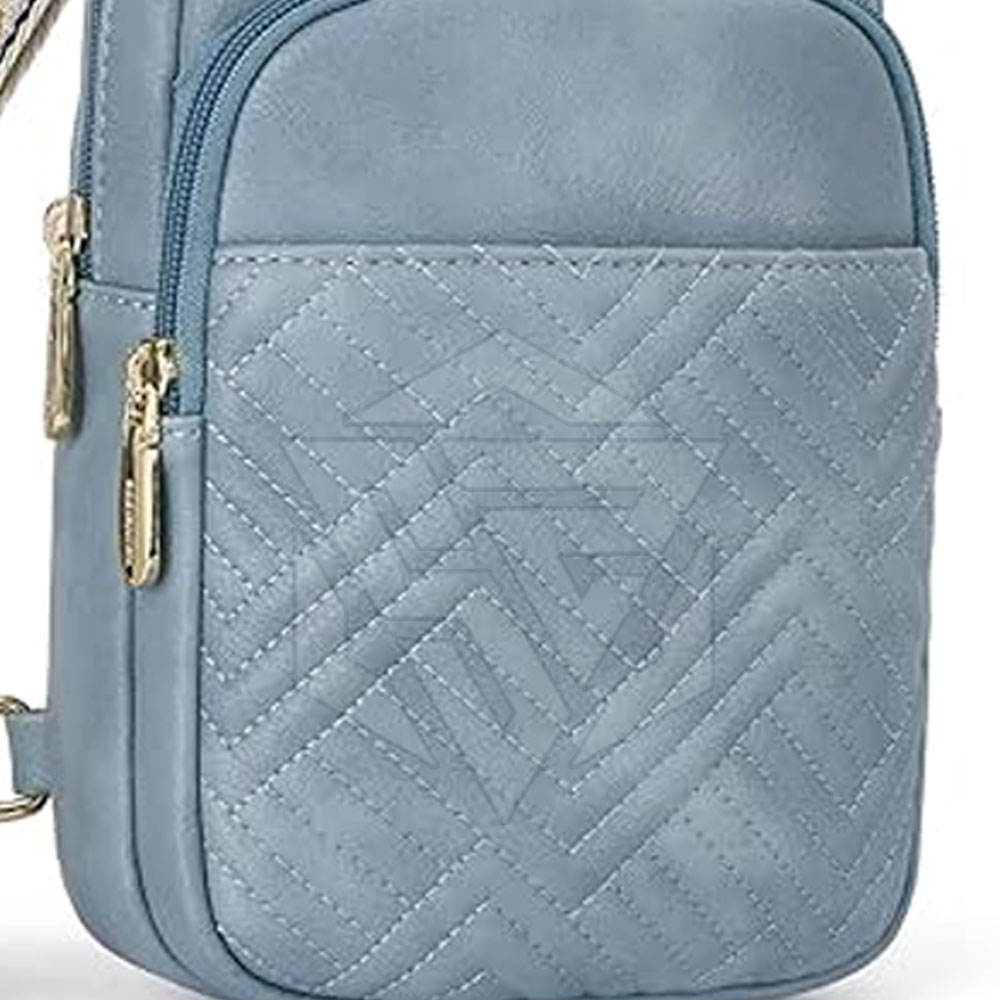 Light Blue Quilted Sling Bag, Floral Detachable Wide Strap Gold Zip Hardware