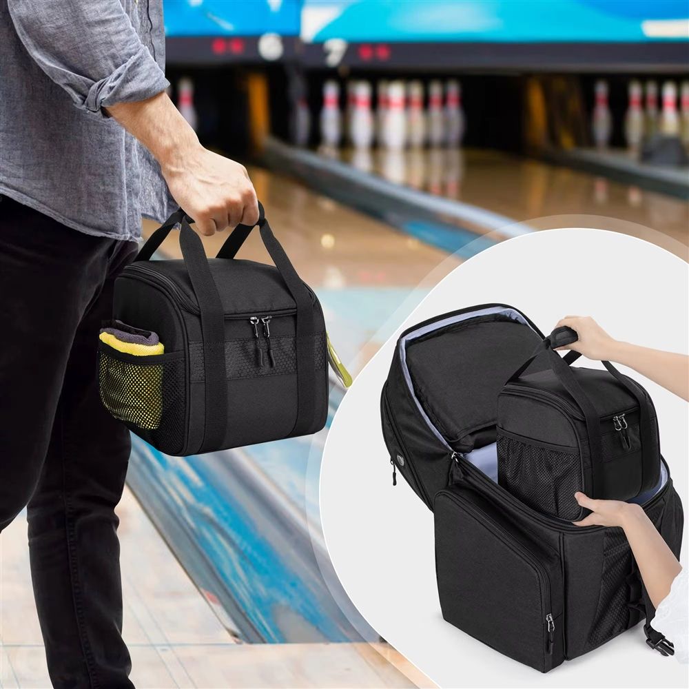 Solid Black Single Bowling Ball Bag, Padded Handles & Dual Side Mesh Zipper Pockets