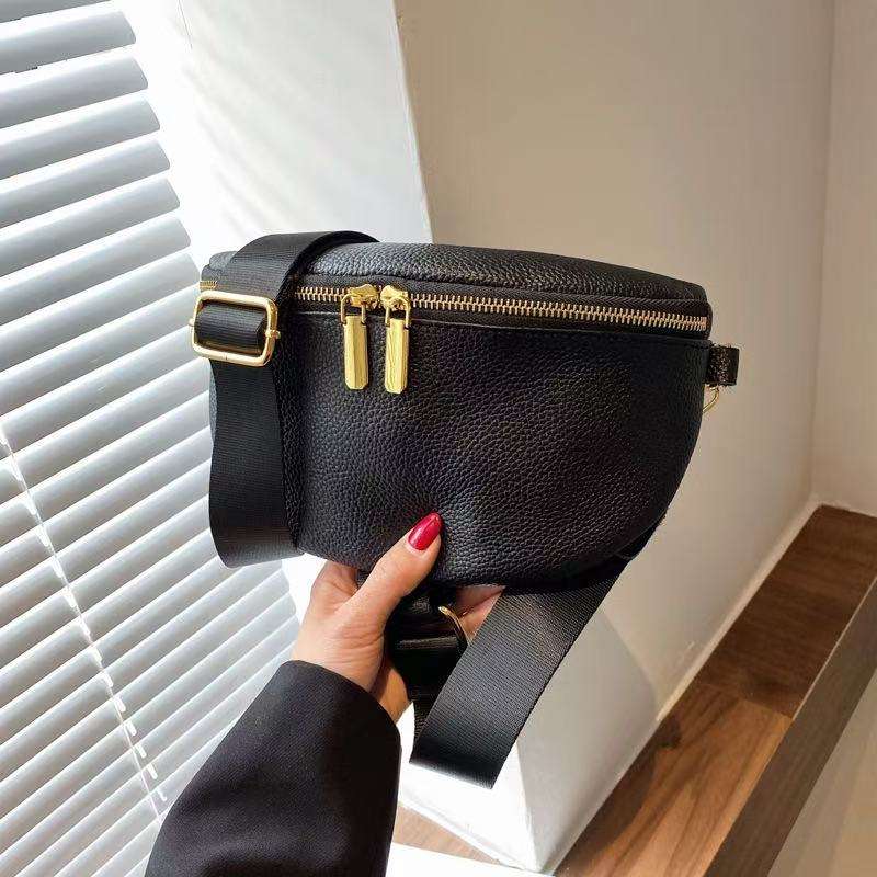 Crescent Pebbled Faux Leather Sling Bag, Adjustable Wide Strap Gold Zip Two-Tone