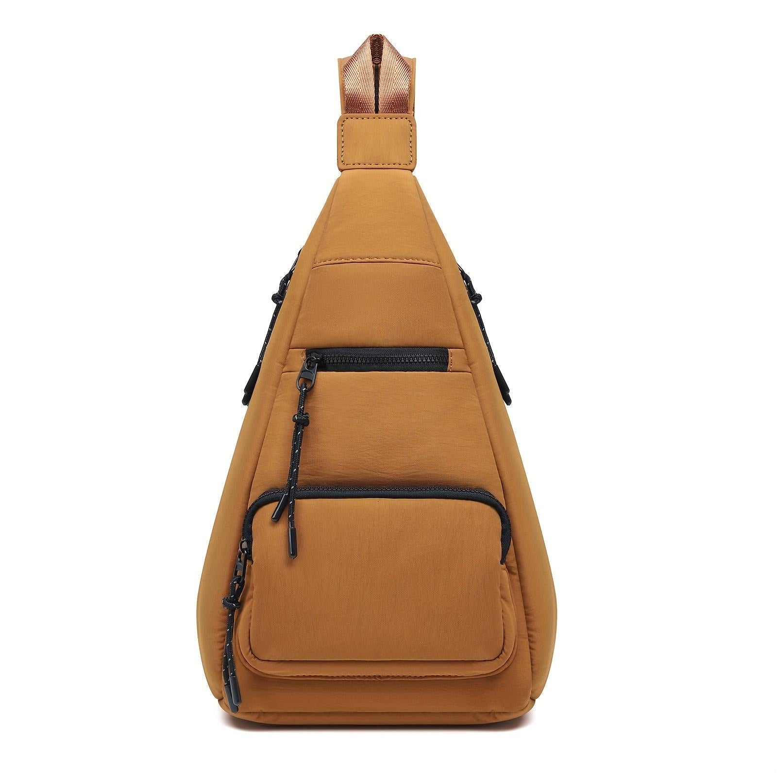 Caramel Puffy Triangle Convertible Sling Bag, Dual Adjustable Straps Multi Zip Pockets