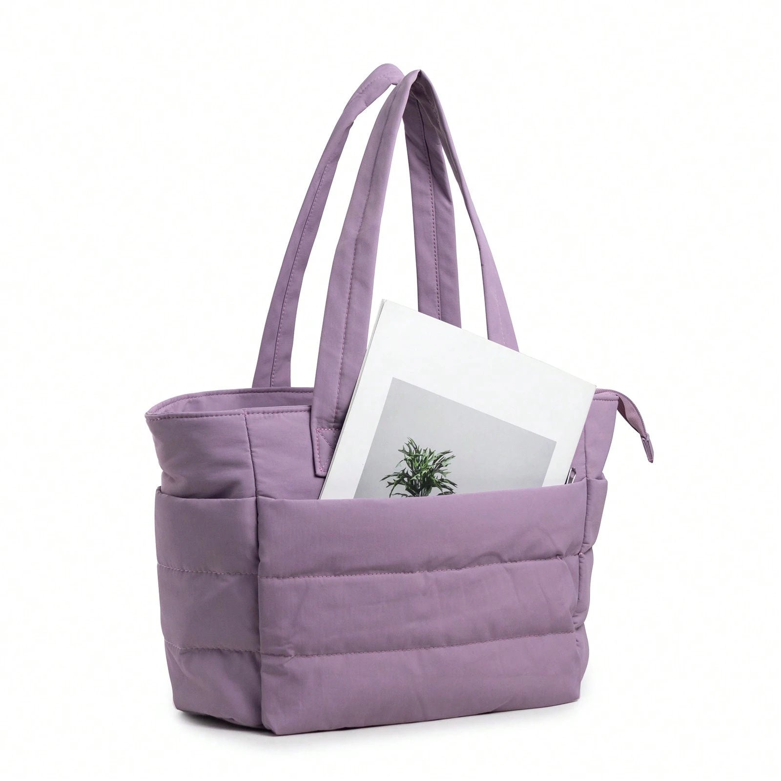 Lavender Padded Quilted Tote Bag, Wide Shoulder Straps Multi Pockets Zipper Casual Handbag