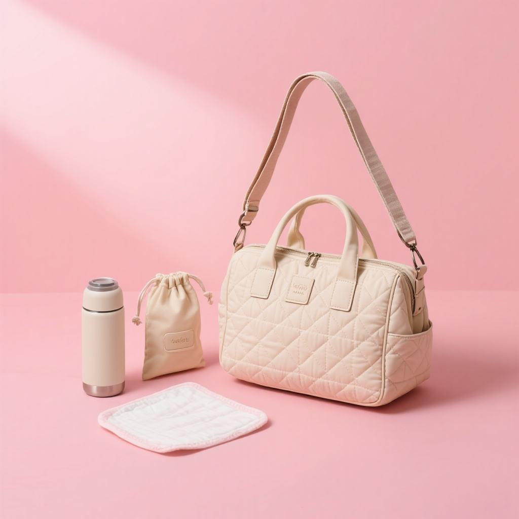 Cream Quilted Doctor-Style Diaper Hand Bag, Padded Dual Handles Multi Front Pockets Gold Zipper