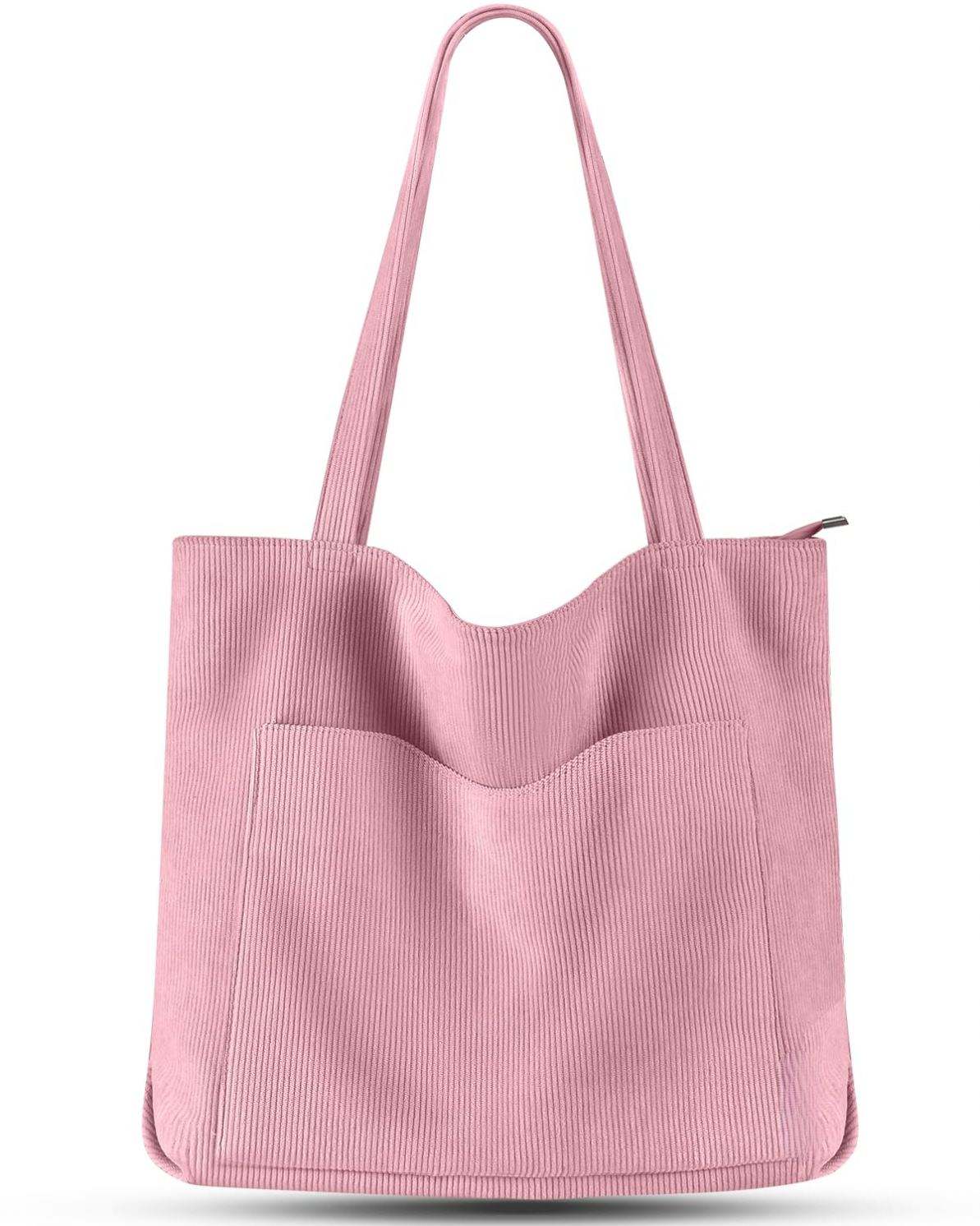 4 Solid Corduroy Tote Bag, Vertical Ribbed Texture, Wave Front Pocket Side Zip Integrated Long Straps