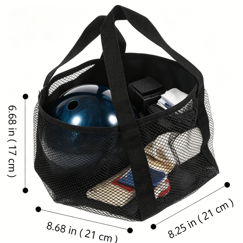 Matte Black Mesh Bowling Carry Tote, Wide Woven Straps Open Top Multi-Pocket Sports G