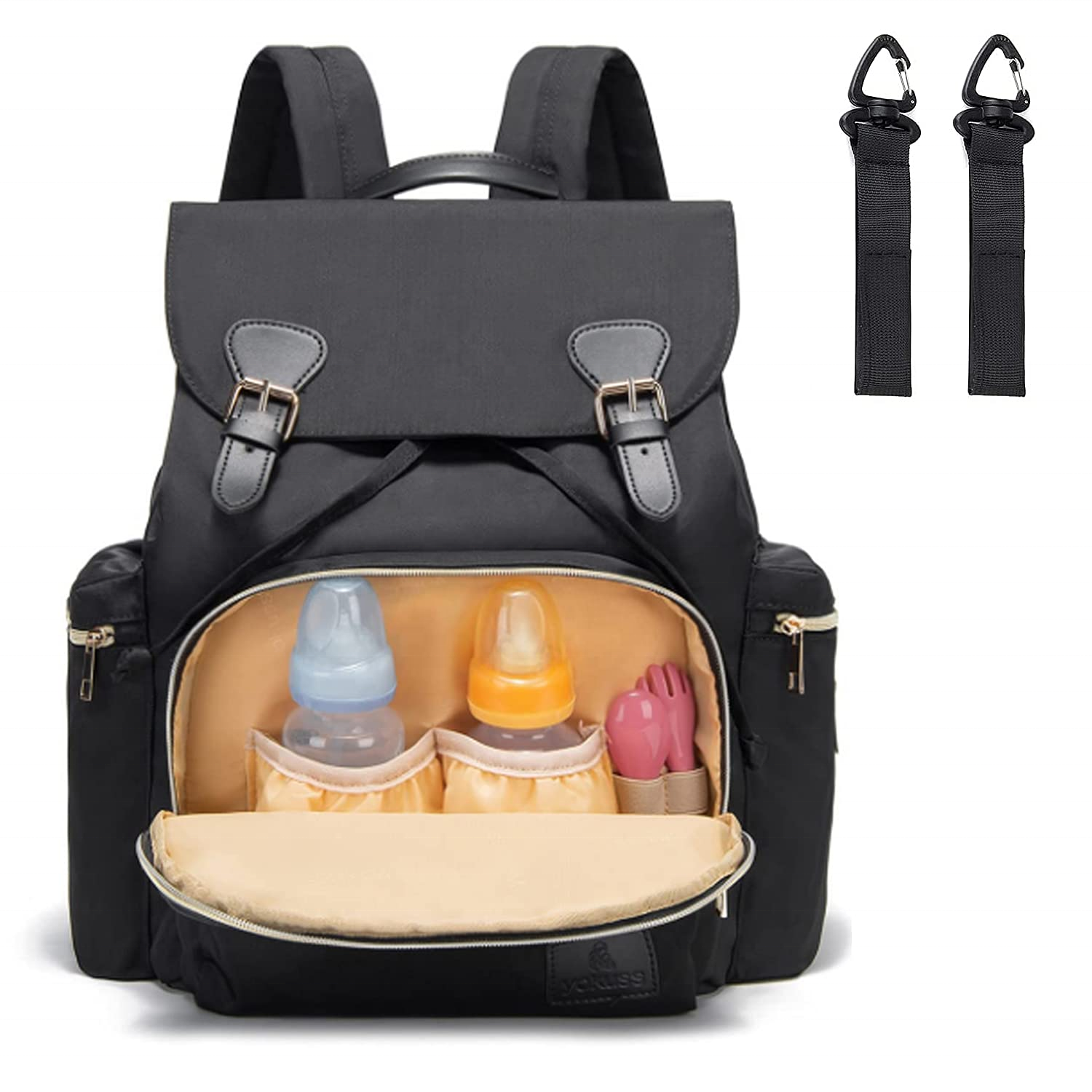 Black Flap Diaper Backpack, Faux Leather Buckles Stroller Hooks Insulated Pocket