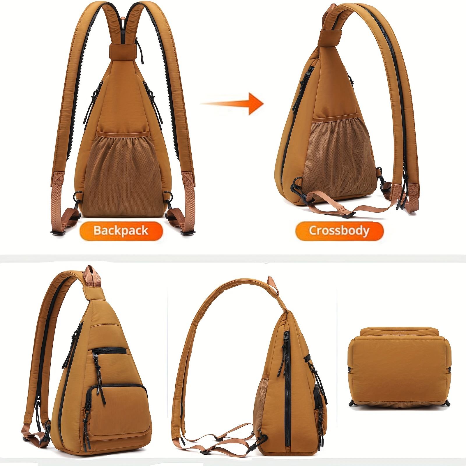 Caramel Puffy Triangle Convertible Sling Bag, Dual Adjustable Straps Multi Zip Pockets