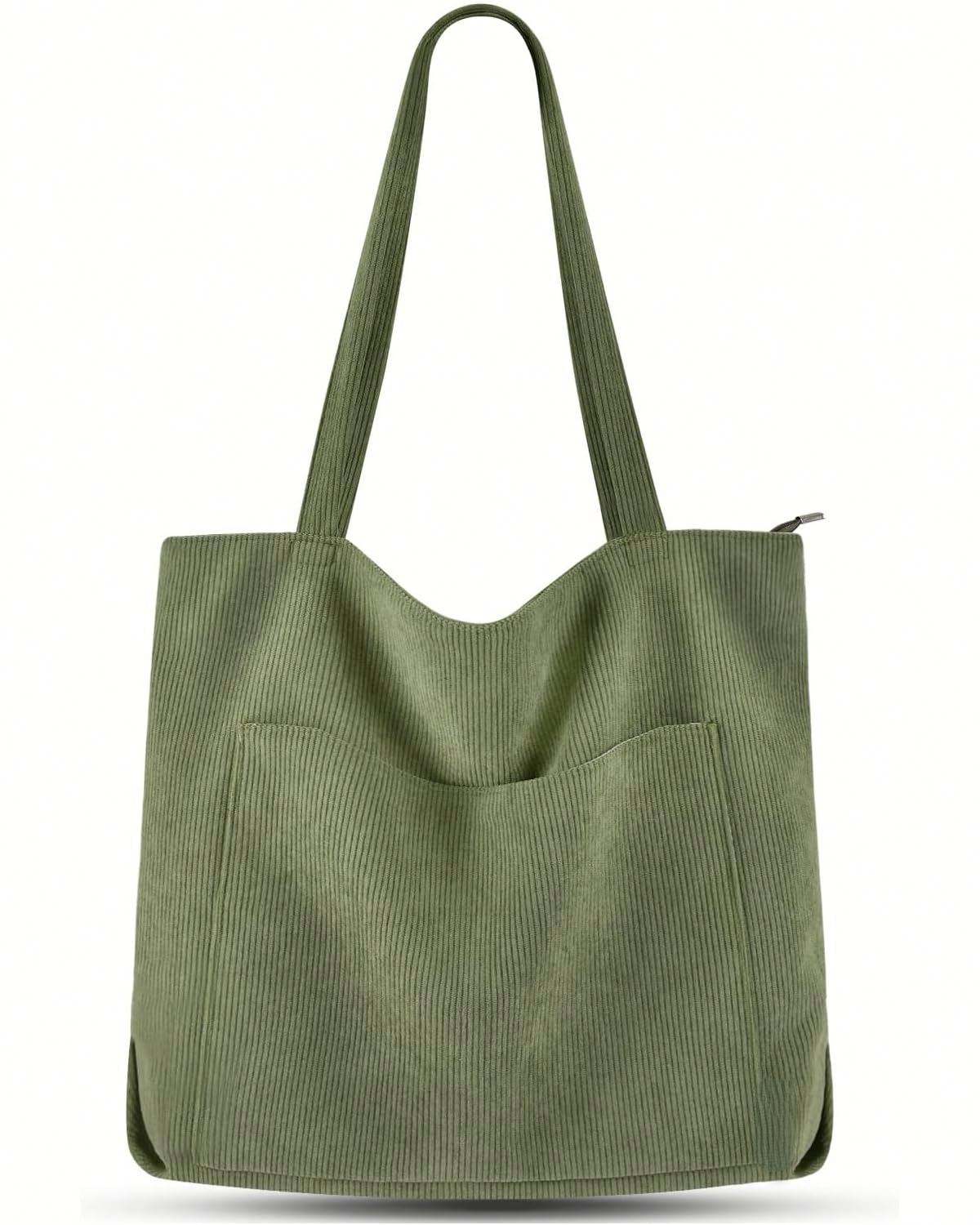 4 Solid Corduroy Tote Bag, Vertical Ribbed Texture, Wave Front Pocket Side Zip Integrated Long Straps