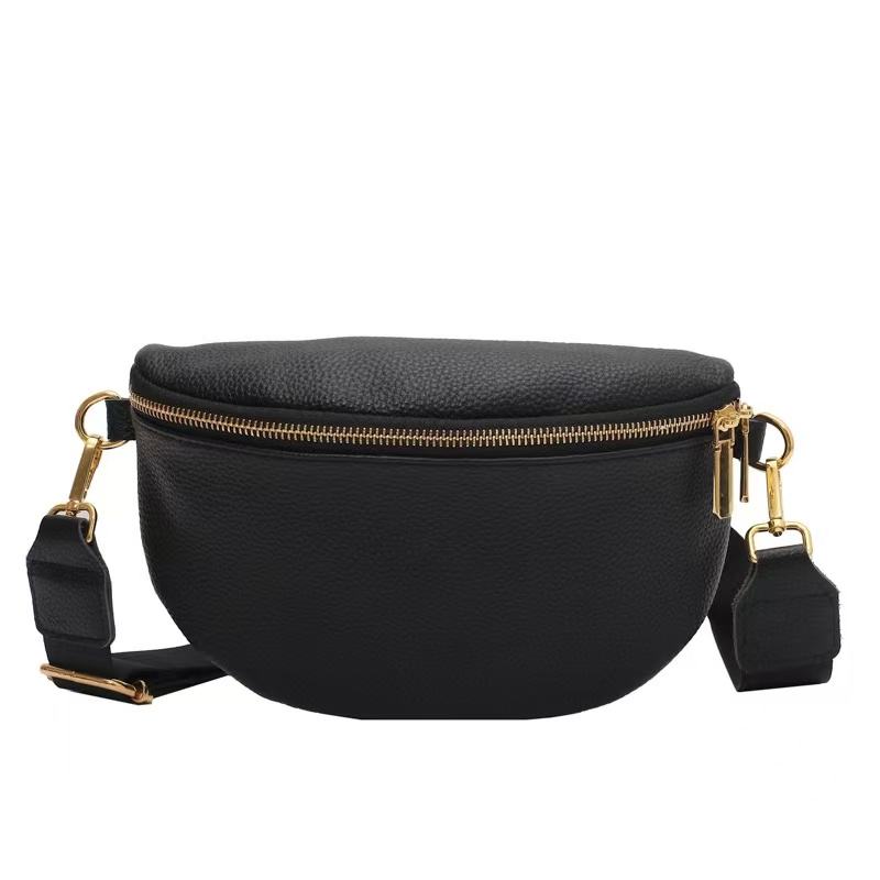 Crescent Pebbled Faux Leather Sling Bag, Adjustable Wide Strap Gold Zip Two-Tone