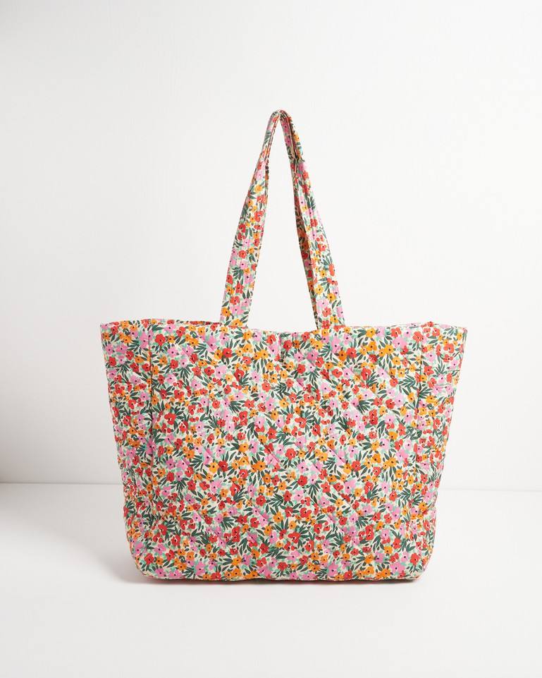 Floral Quilted Tote Bag, Matching Floral Long Shoulder Straps Open Top Large Capacity