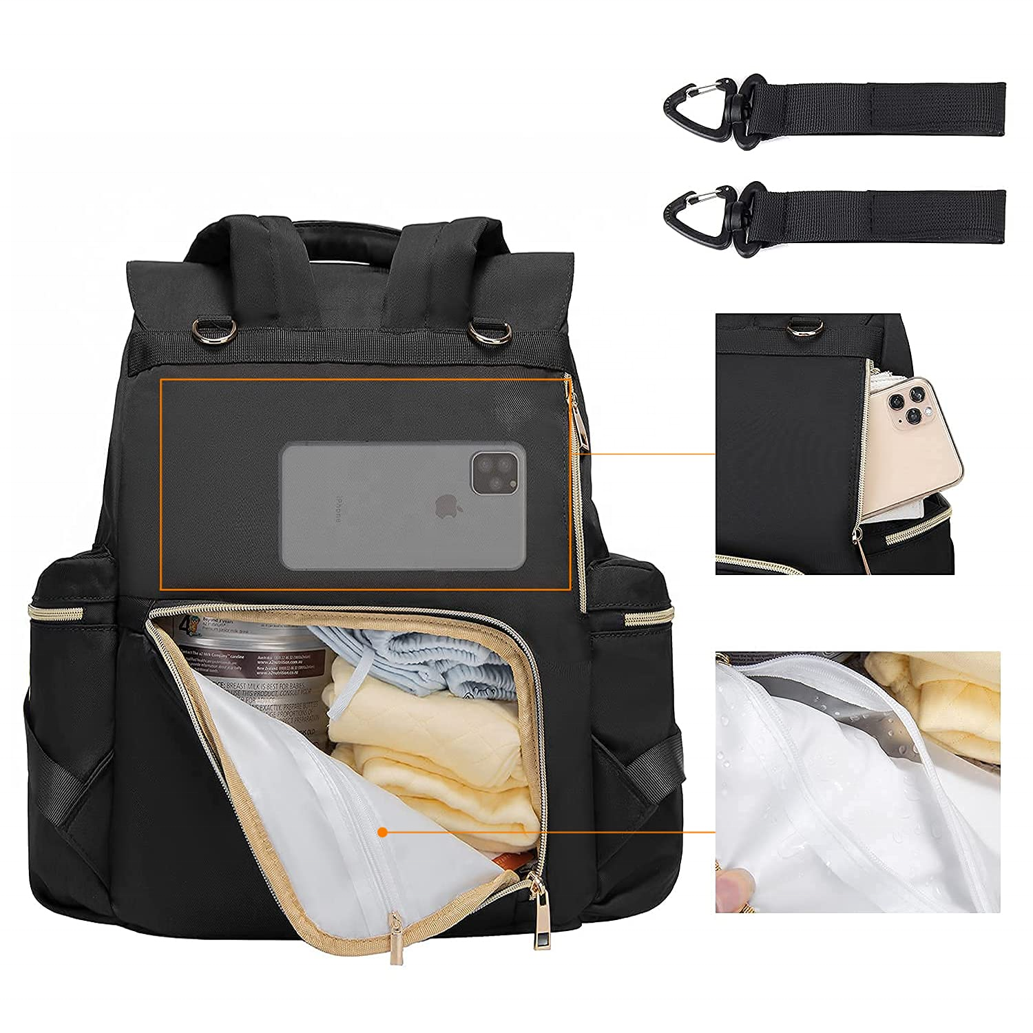 Black Flap Diaper Backpack, Faux Leather Buckles Stroller Hooks Insulated Pocket