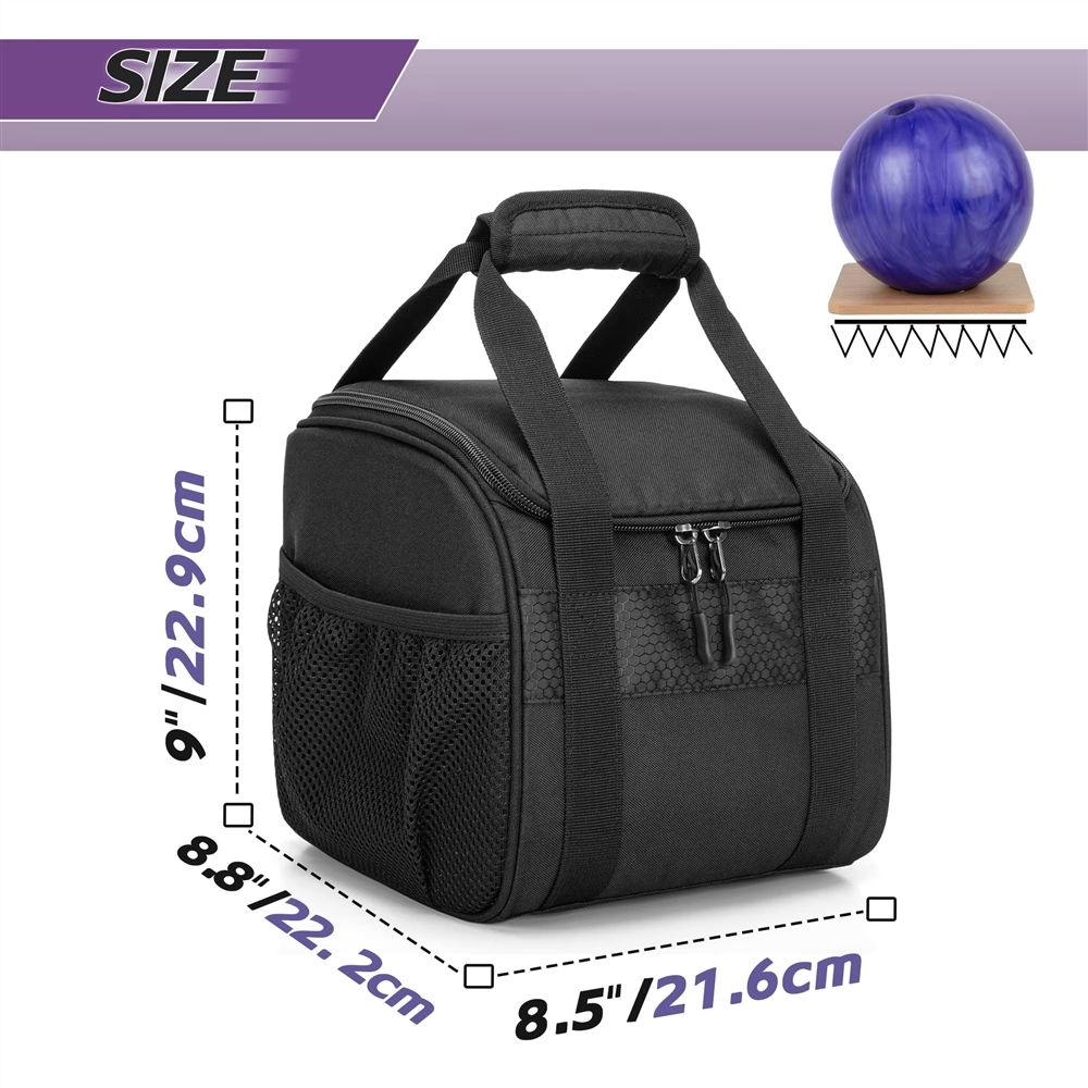 Solid Black Single Bowling Ball Bag, Padded Handles & Dual Side Mesh Zipper Pockets