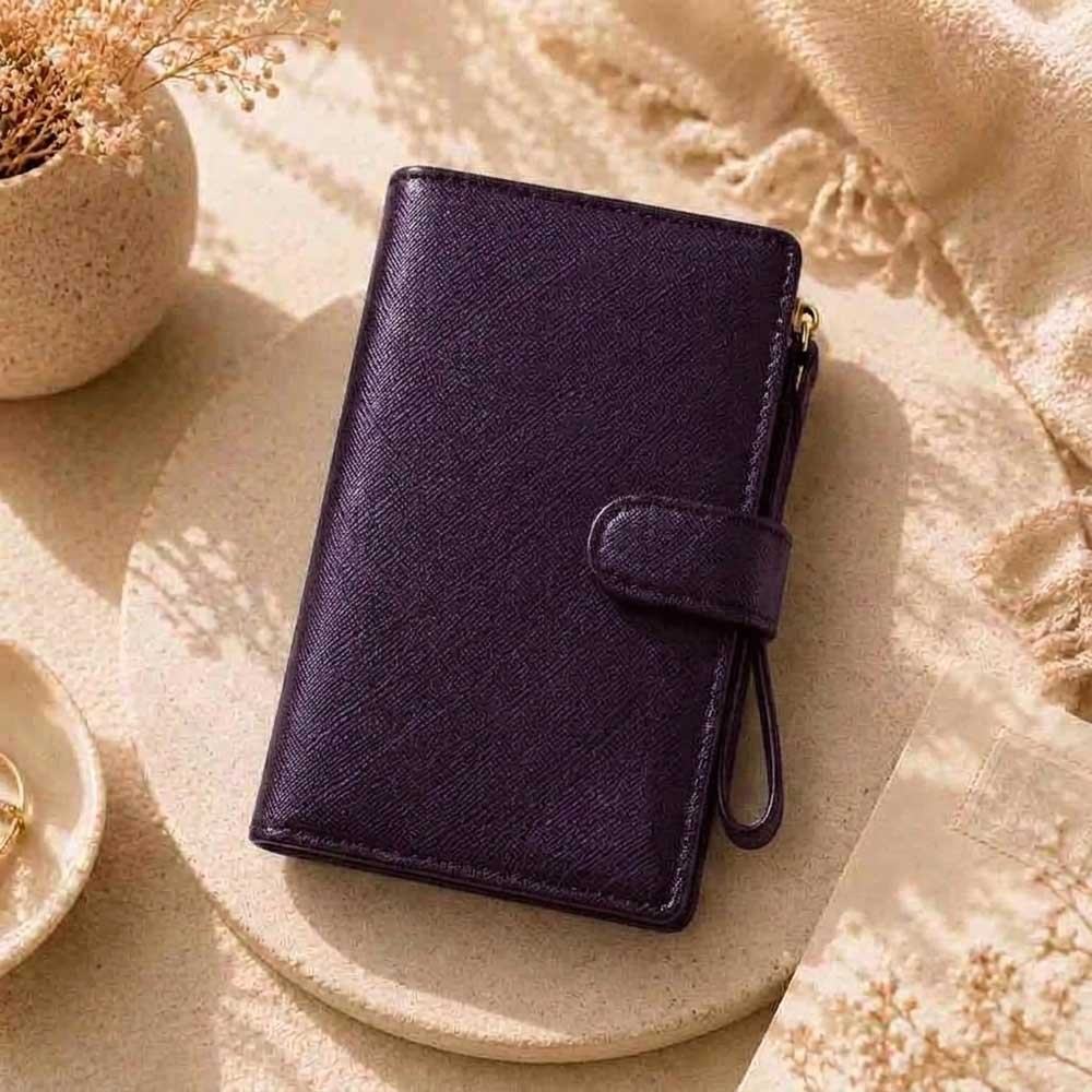 -Style Passport Holder Bag, Snap Flap Pen Loop Airtag Pocket Side Zip Compartment