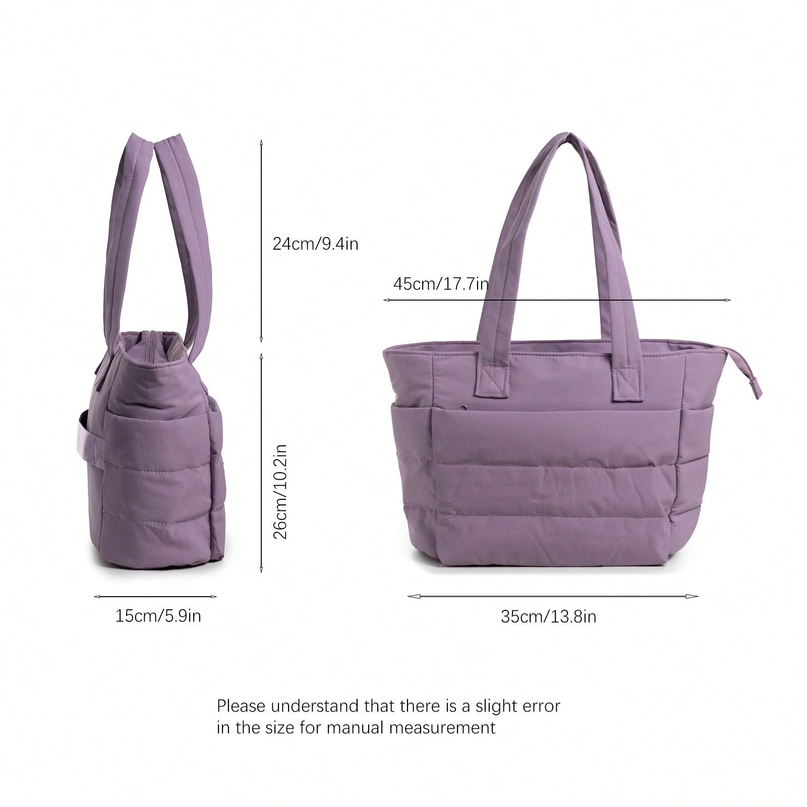 Lavender Padded Quilted Tote Bag, Wide Shoulder Straps Multi Pockets Zipper Casual Handbag