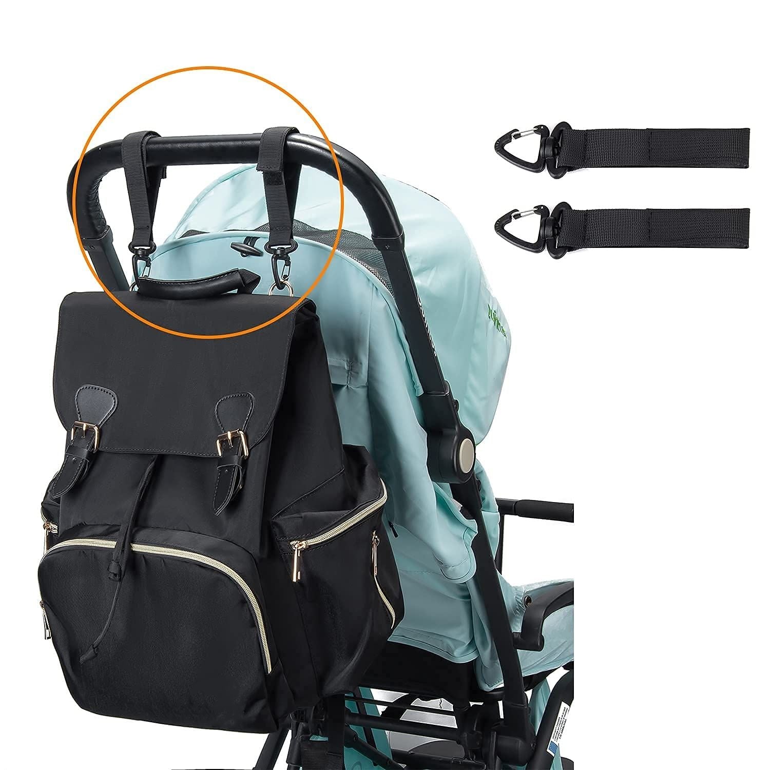 Black Flap Diaper Backpack, Faux Leather Buckles Stroller Hooks Insulated Pocket