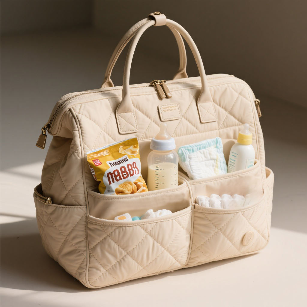 Cream Quilted Doctor-Style Diaper Hand Bag, Padded Dual Handles Multi Front Pockets Gold Zipper