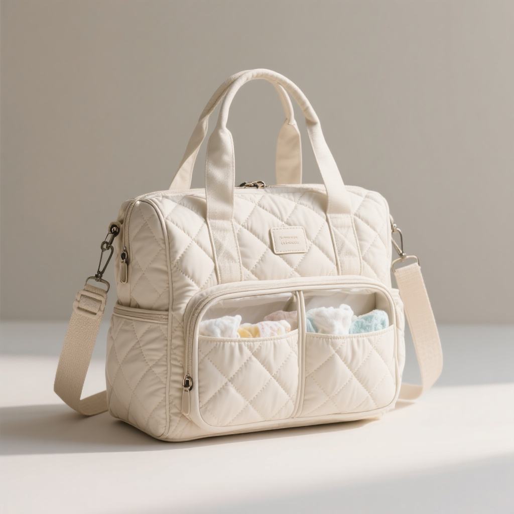 Cream Quilted Doctor-Style Diaper Hand Bag, Padded Dual Handles Multi Front Pockets Gold Zipper