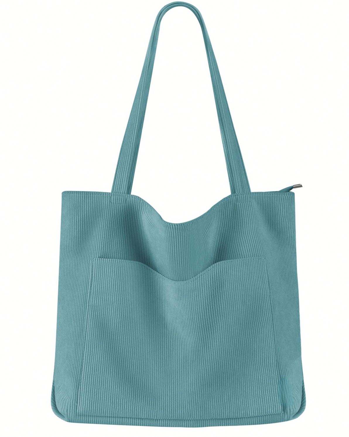 4 Solid Corduroy Tote Bag, Vertical Ribbed Texture, Wave Front Pocket Side Zip Integrated Long Straps