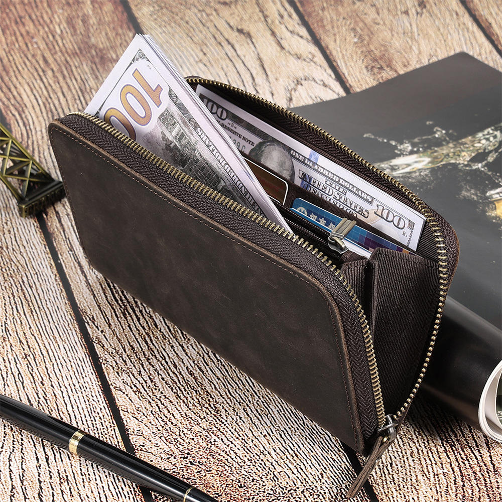 Two-Tone Vintage Long Zip Wallet Bag, Leather Pull Tab Detachable Coin Pouch Multi Card Slots