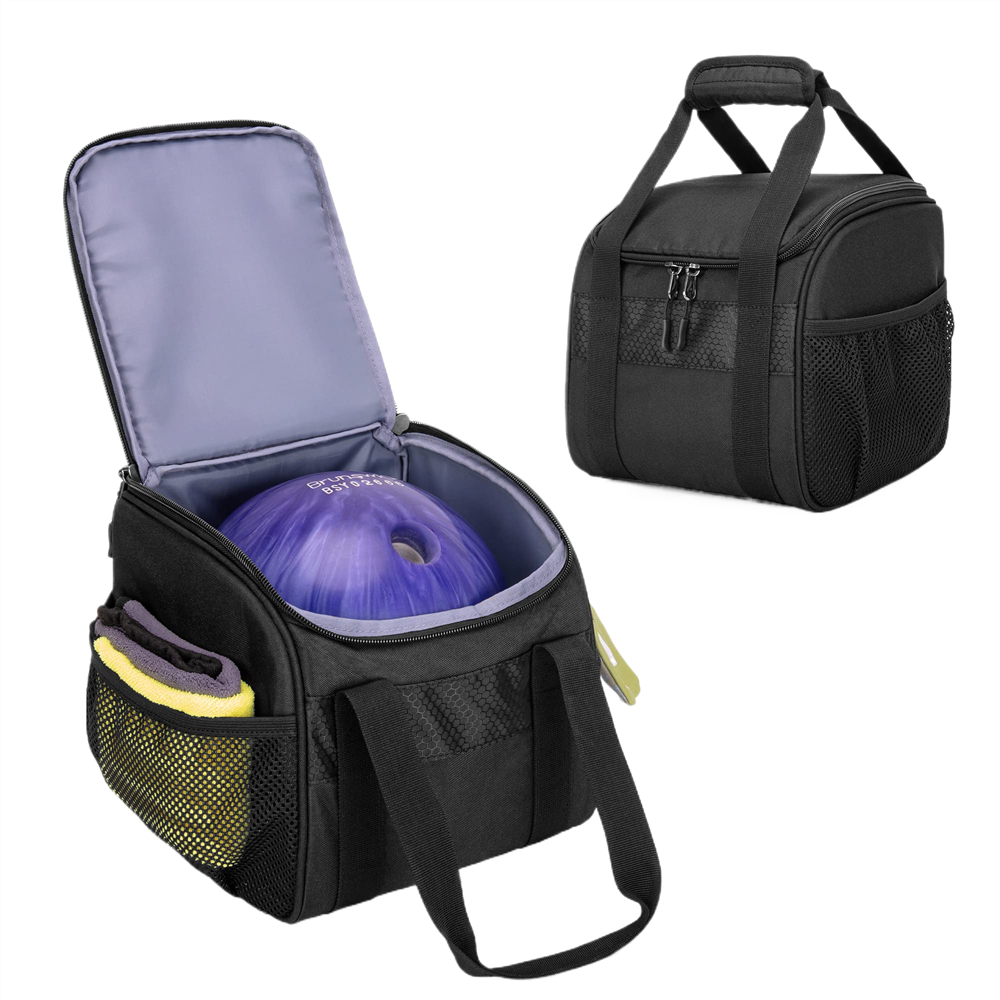 Solid Black Single Bowling Ball Bag, Padded Handles & Dual Side Mesh Zipper Pockets