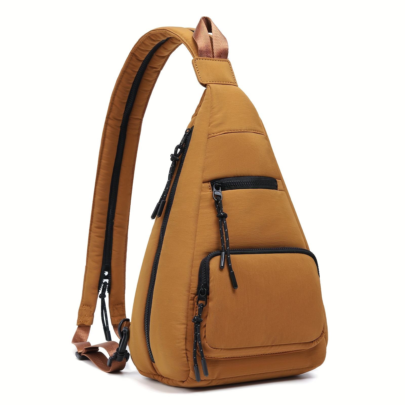 Caramel Puffy Triangle Convertible Sling Bag, Dual Adjustable Straps Multi Zip Pockets