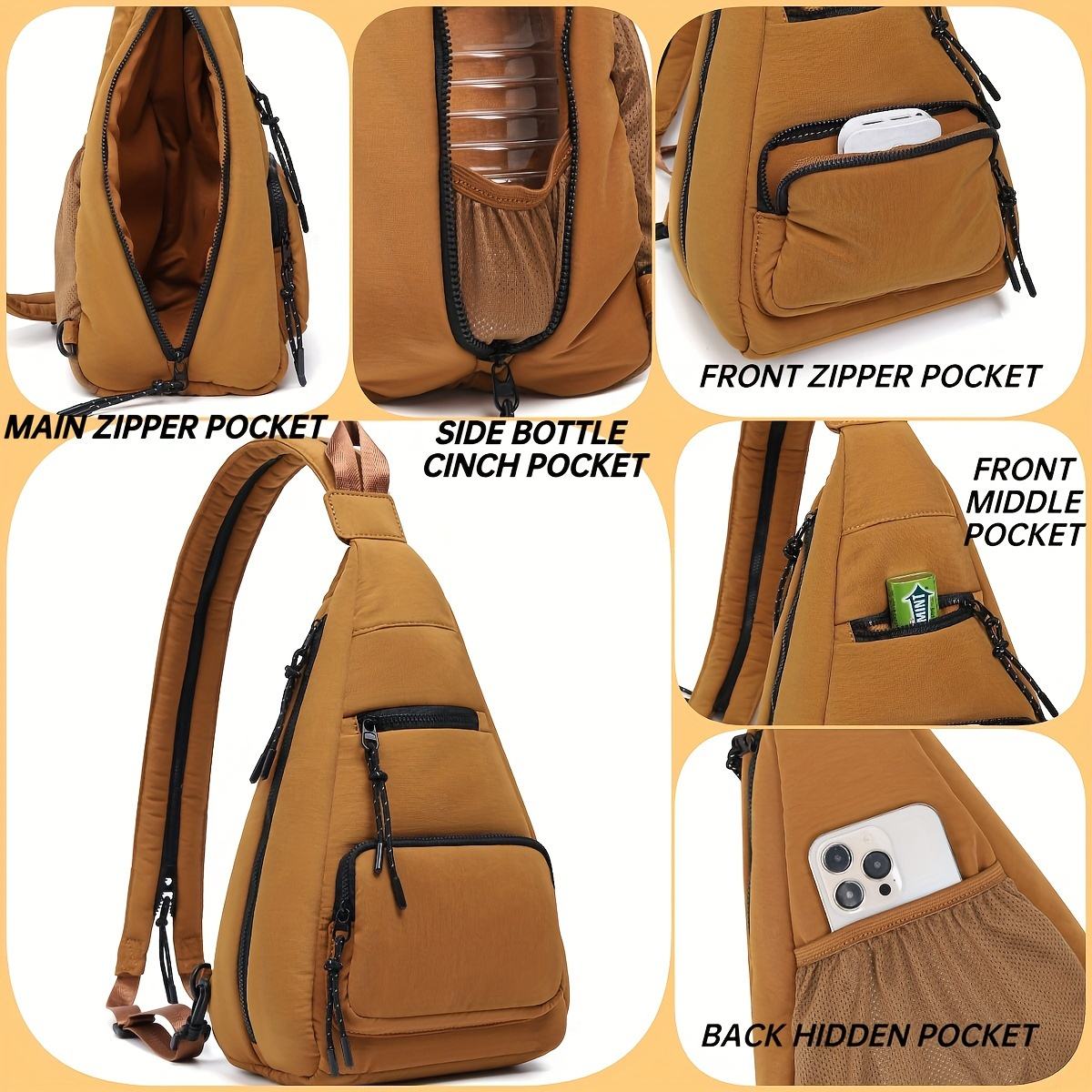 Caramel Puffy Triangle Convertible Sling Bag, Dual Adjustable Straps Multi Zip Pockets