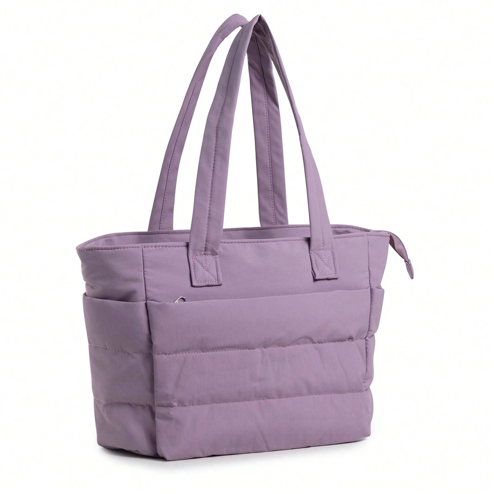 Lavender Padded Quilted Tote Bag, Wide Shoulder Straps Multi Pockets Zipper Casual Handbag