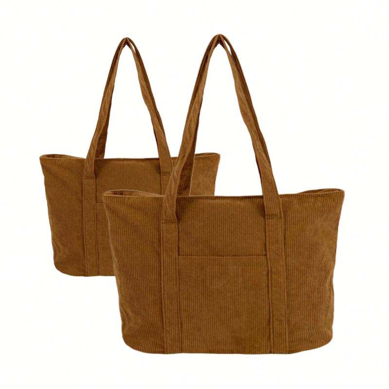 4 Solid Corduroy Tote Bag, Vertical Ribbed Texture, Wave Front Pocket Side Zip Integrated Long Straps