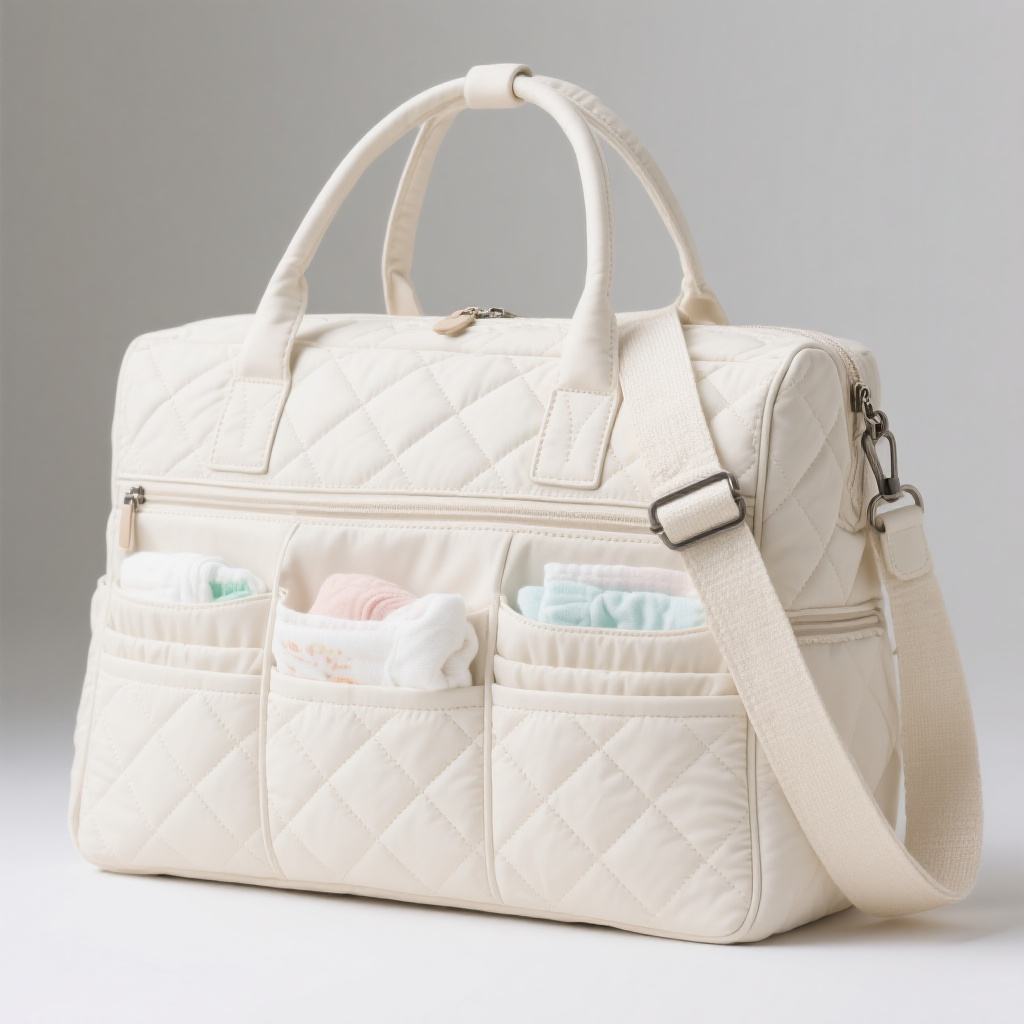 Cream Quilted Doctor-Style Diaper Hand Bag, Padded Dual Handles Multi Front Pockets Gold Zipper