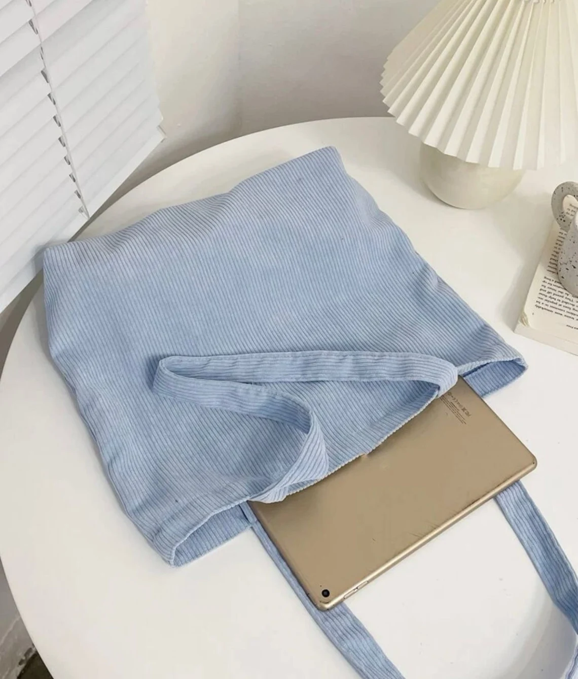 Pastel Blue Ribbed Tote Bag, Integrated Extra Long Shoulder Straps Open Top Design