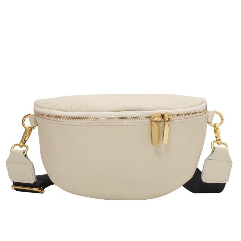 Crescent Pebbled Faux Leather Sling Bag, Adjustable Wide Strap Gold Zip Two-Tone