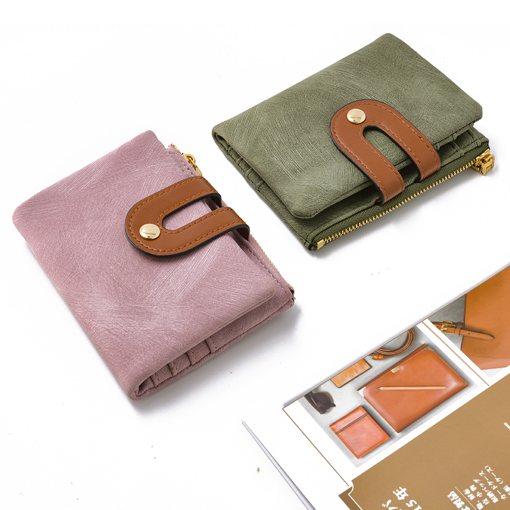 Foldable Women Wallet Bag, U-Shape Leather Snap Strap Gold Zipper Two Colors