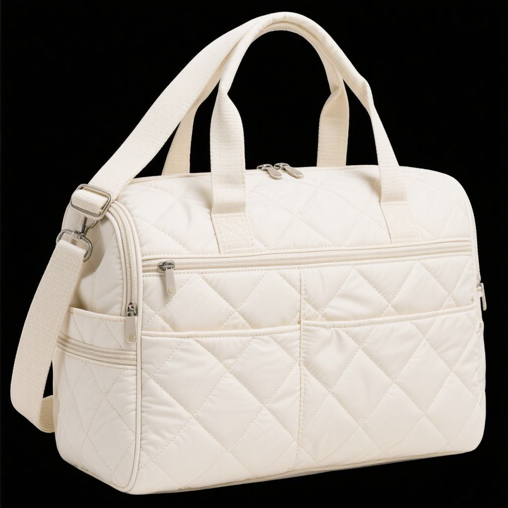 Cream Quilted Doctor-Style Diaper Hand Bag, Padded Dual Handles Multi Front Pockets Gold Zipper