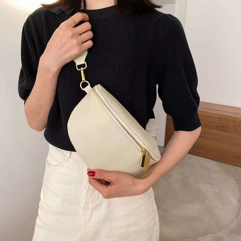 Crescent Pebbled Faux Leather Sling Bag, Adjustable Wide Strap Gold Zip Two-Tone