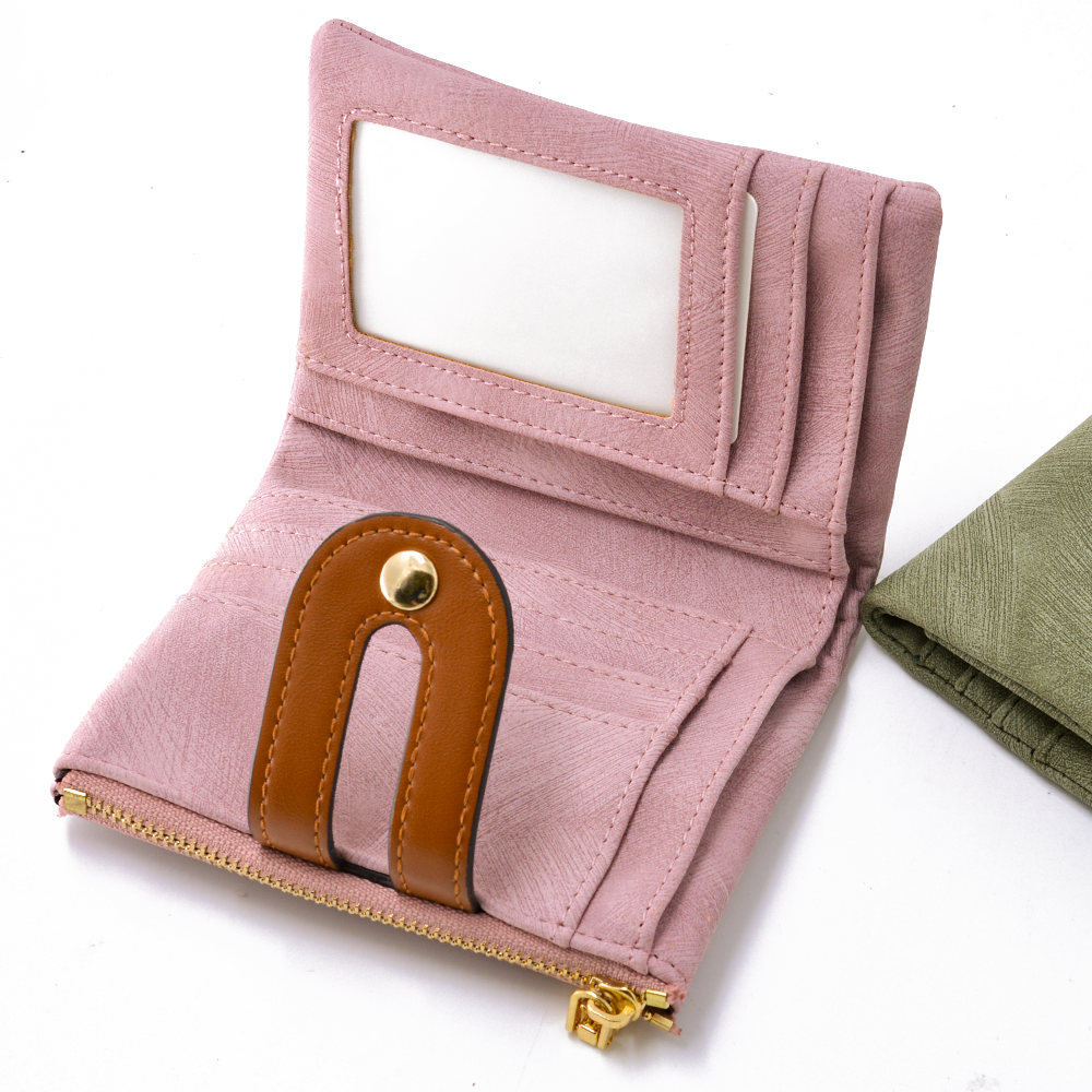 Foldable Women Wallet Bag, U-Shape Leather Snap Strap Gold Zipper Two Colors
