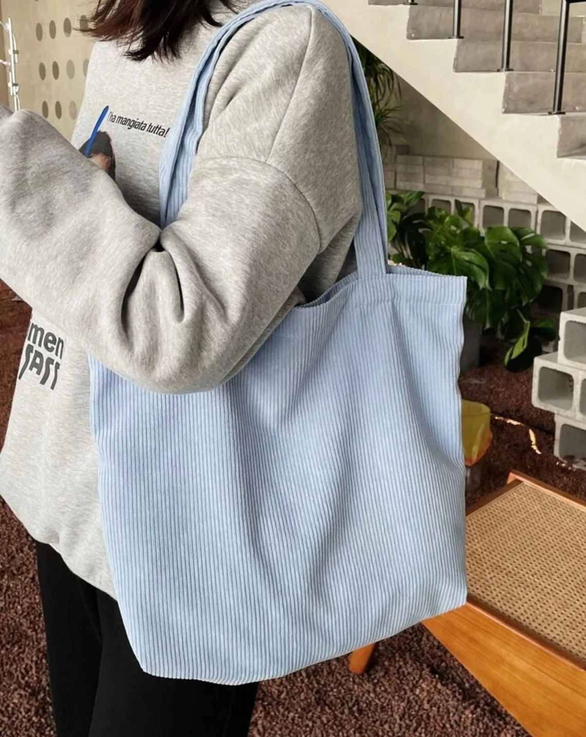 Pastel Blue Ribbed Tote Bag, Integrated Extra Long Shoulder Straps Open Top Design