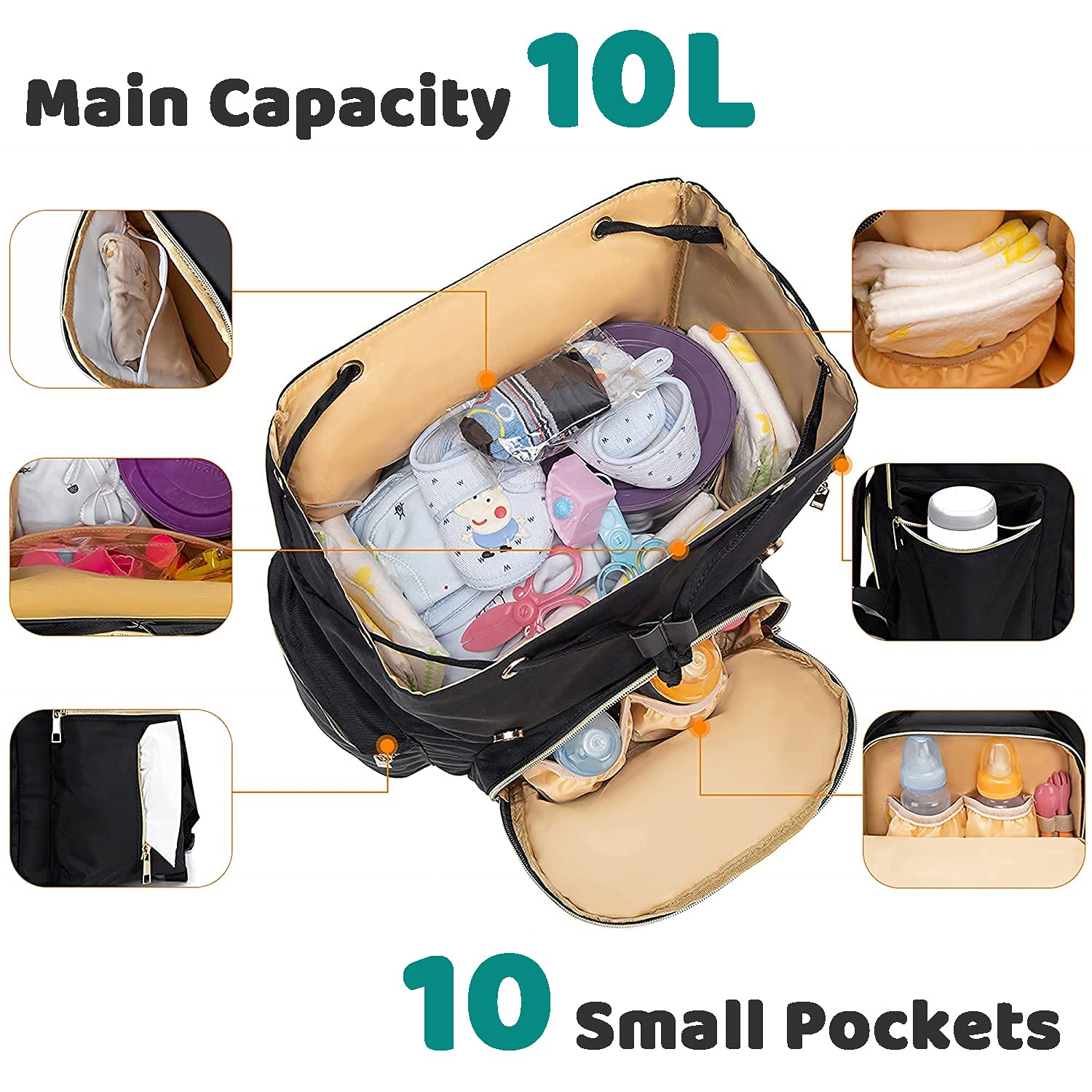 Black Flap Diaper Backpack, Faux Leather Buckles Stroller Hooks Insulated Pocket