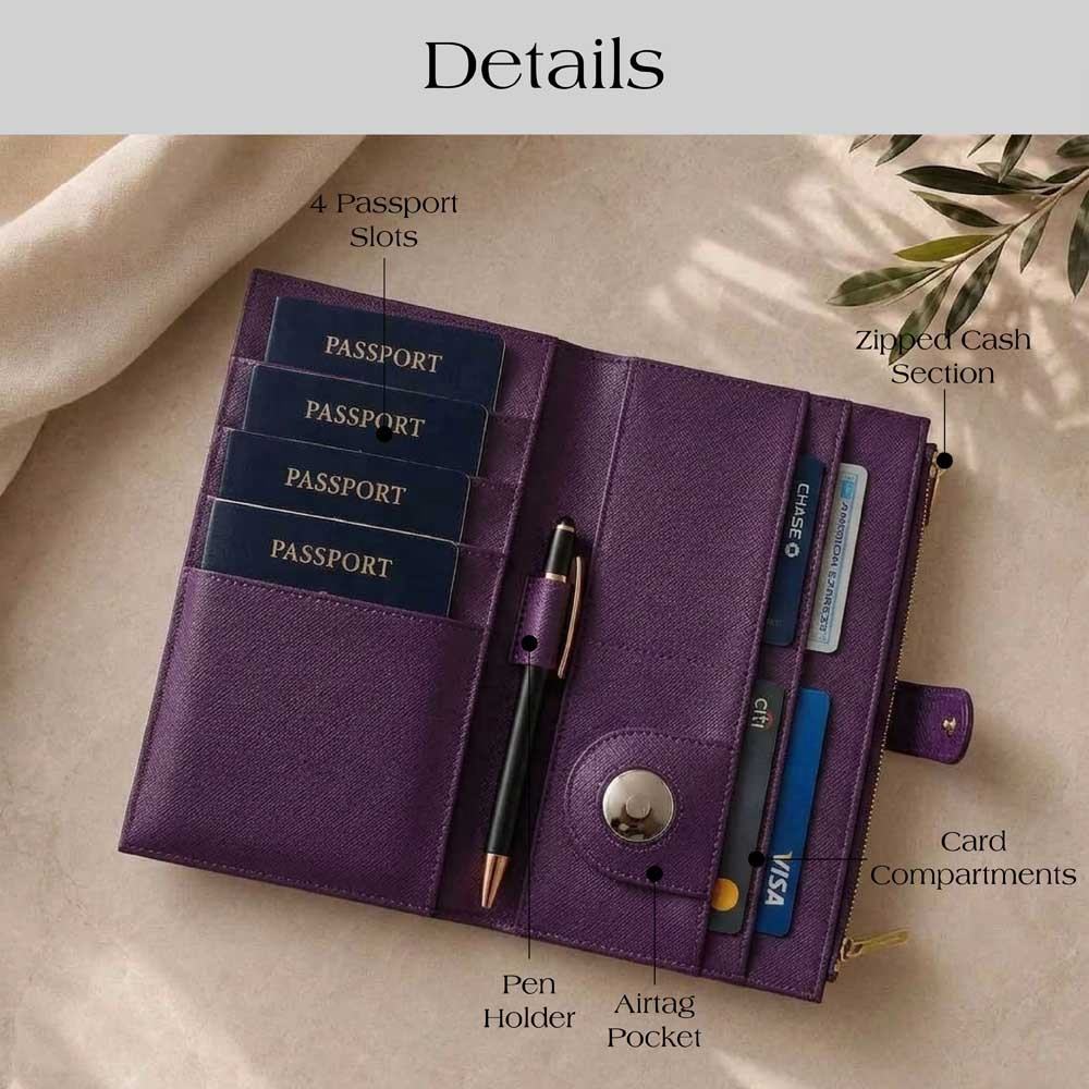 -Style Passport Holder Bag, Snap Flap Pen Loop Airtag Pocket Side Zip Compartment