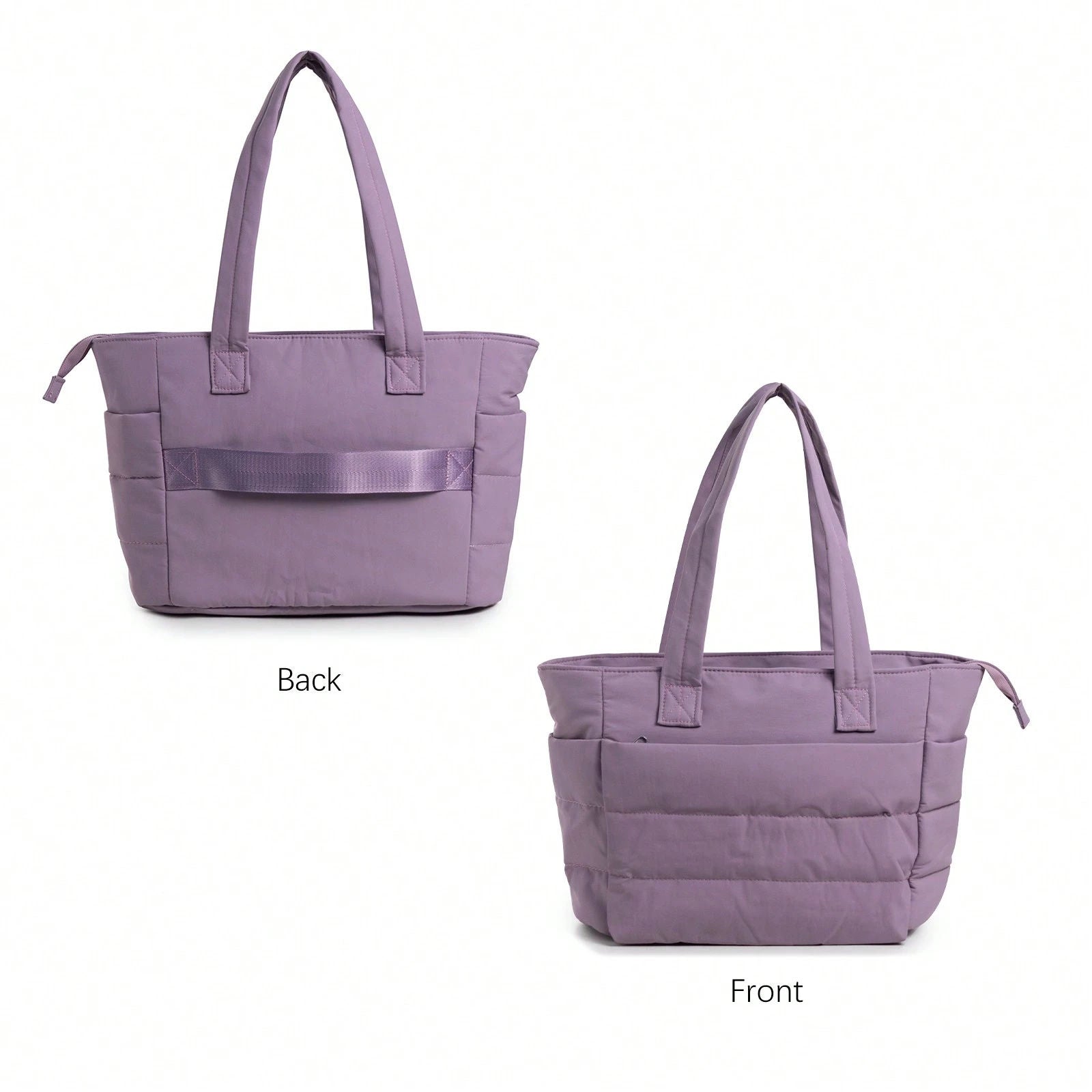 Lavender Padded Quilted Tote Bag, Wide Shoulder Straps Multi Pockets Zipper Casual Handbag