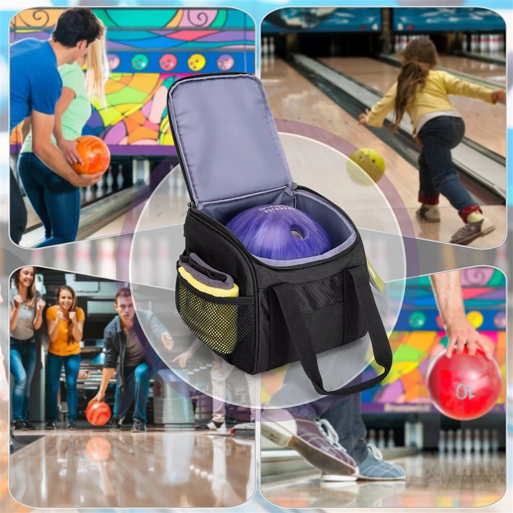 Solid Black Single Bowling Ball Bag, Padded Handles & Dual Side Mesh Zipper Pockets