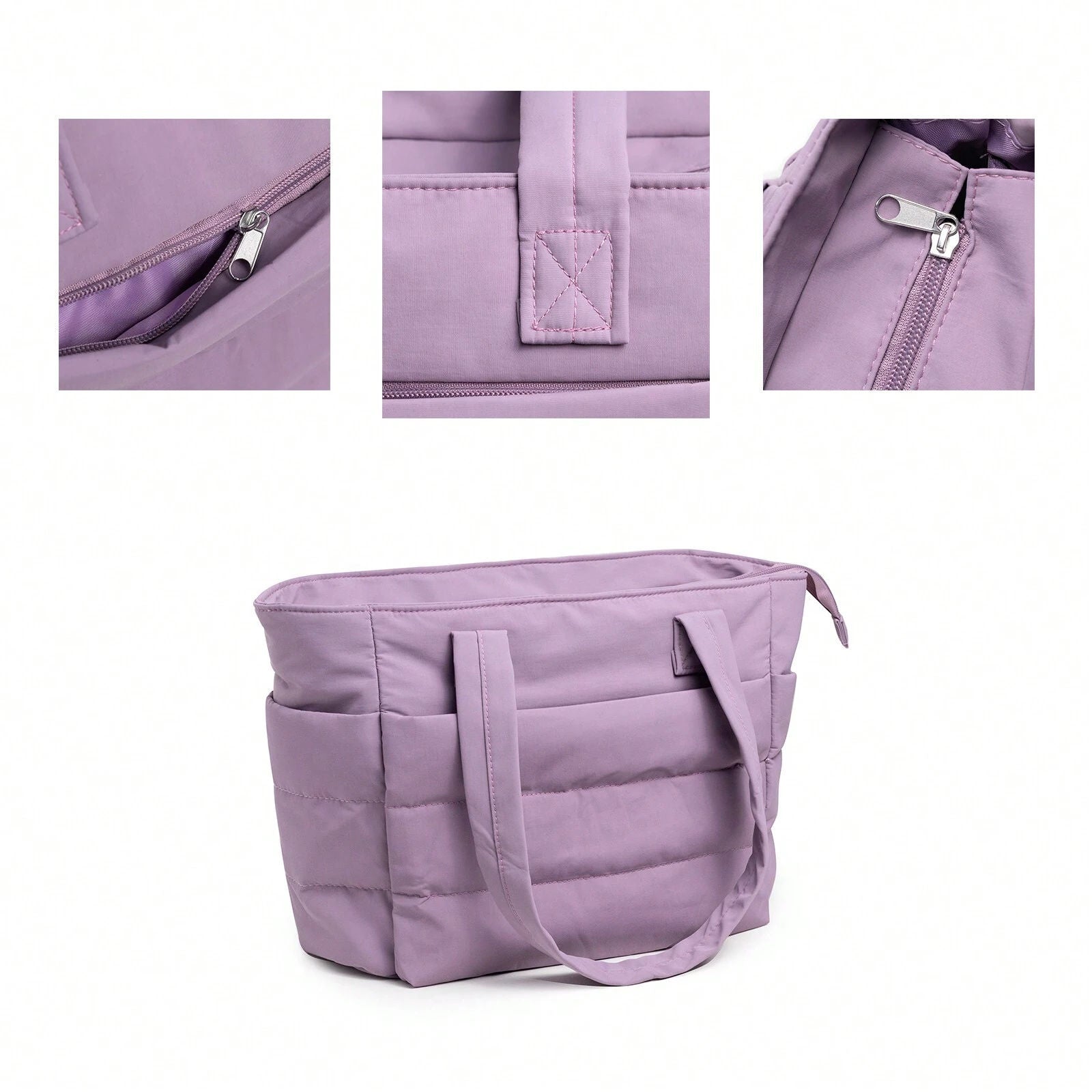 Lavender Padded Quilted Tote Bag, Wide Shoulder Straps Multi Pockets Zipper Casual Handbag