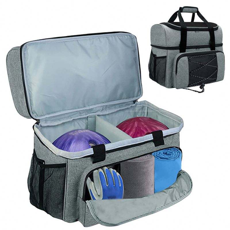 Heather Grey Dual Compartment Bowling Ball Carry Bag, Padded Top Handles, Elastic Storage Pocket & Mesh Side Holder for Sports Daily Use