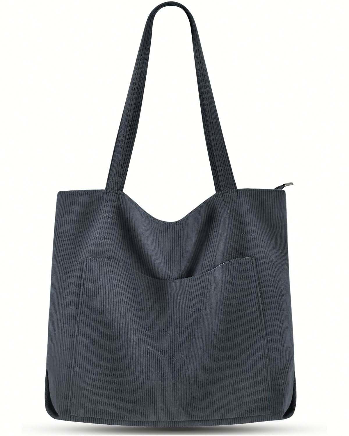 4 Solid Corduroy Tote Bag, Vertical Ribbed Texture, Wave Front Pocket Side Zip Integrated Long Straps