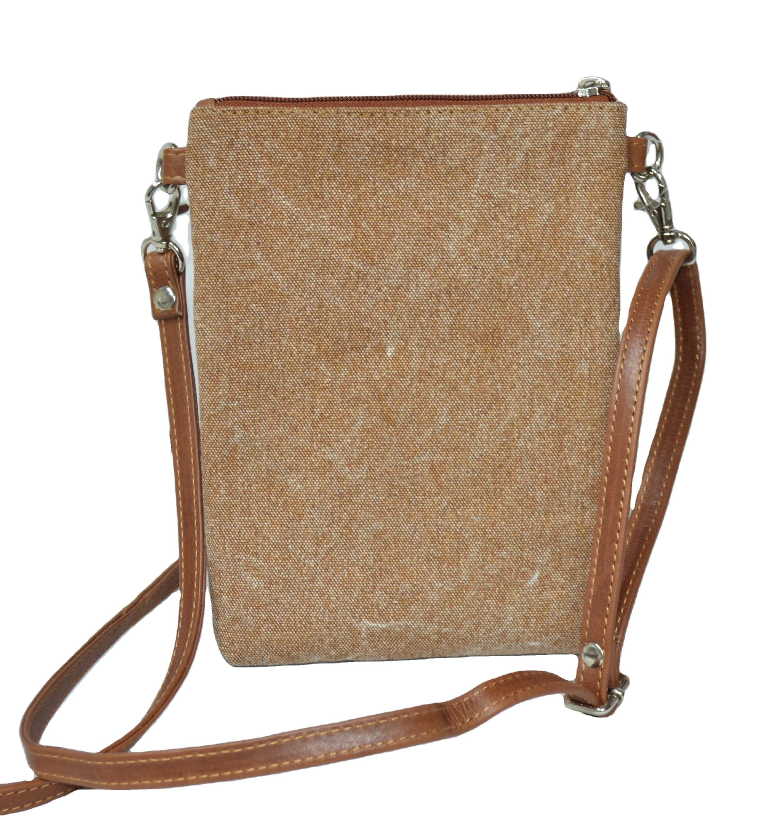 Heather Brown Crossbody Phone Bag, Trim Triple Zip Adjustable Thin Strap