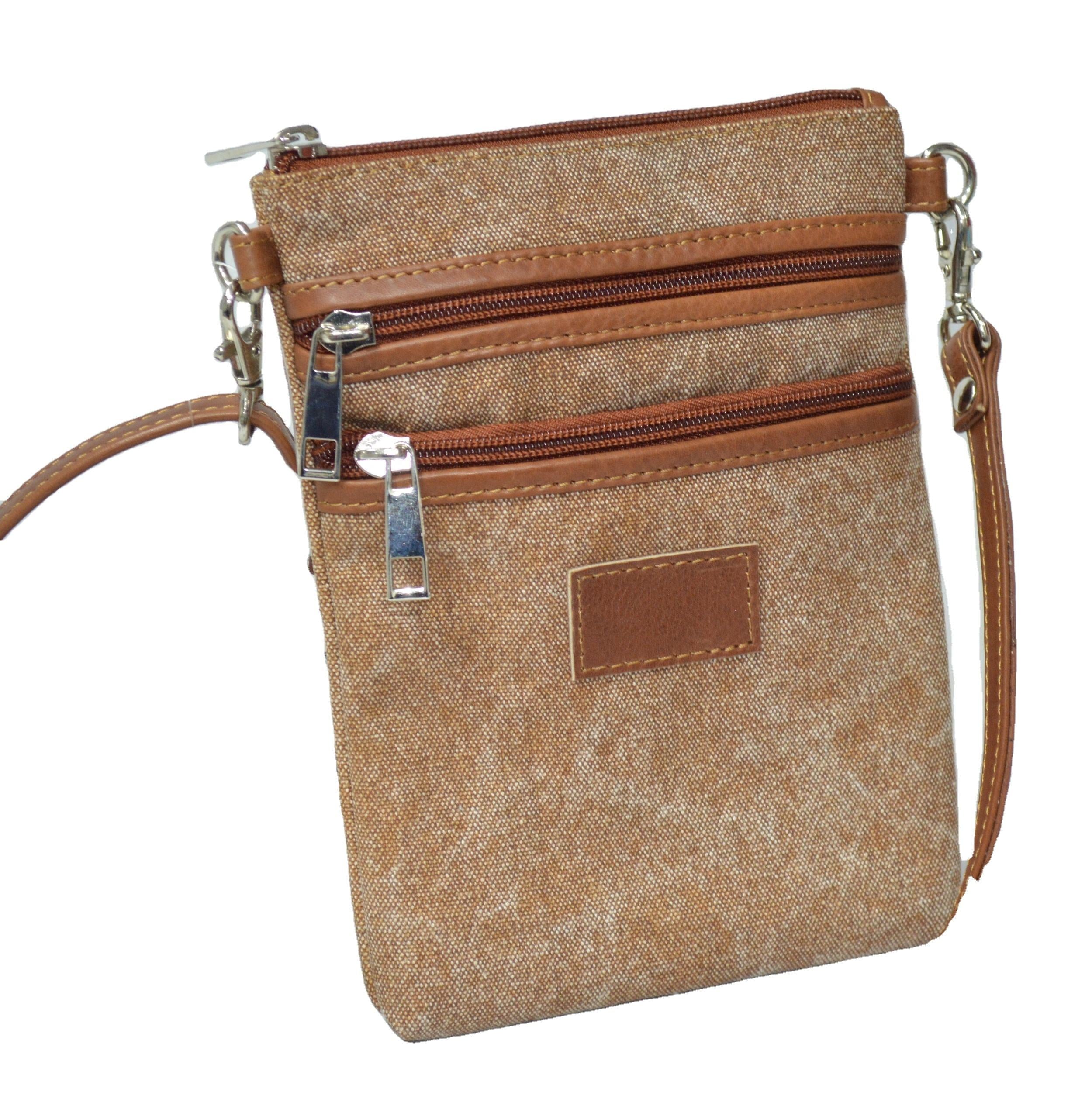 Heather Brown Crossbody Phone Bag, Trim Triple Zip Adjustable Thin Strap