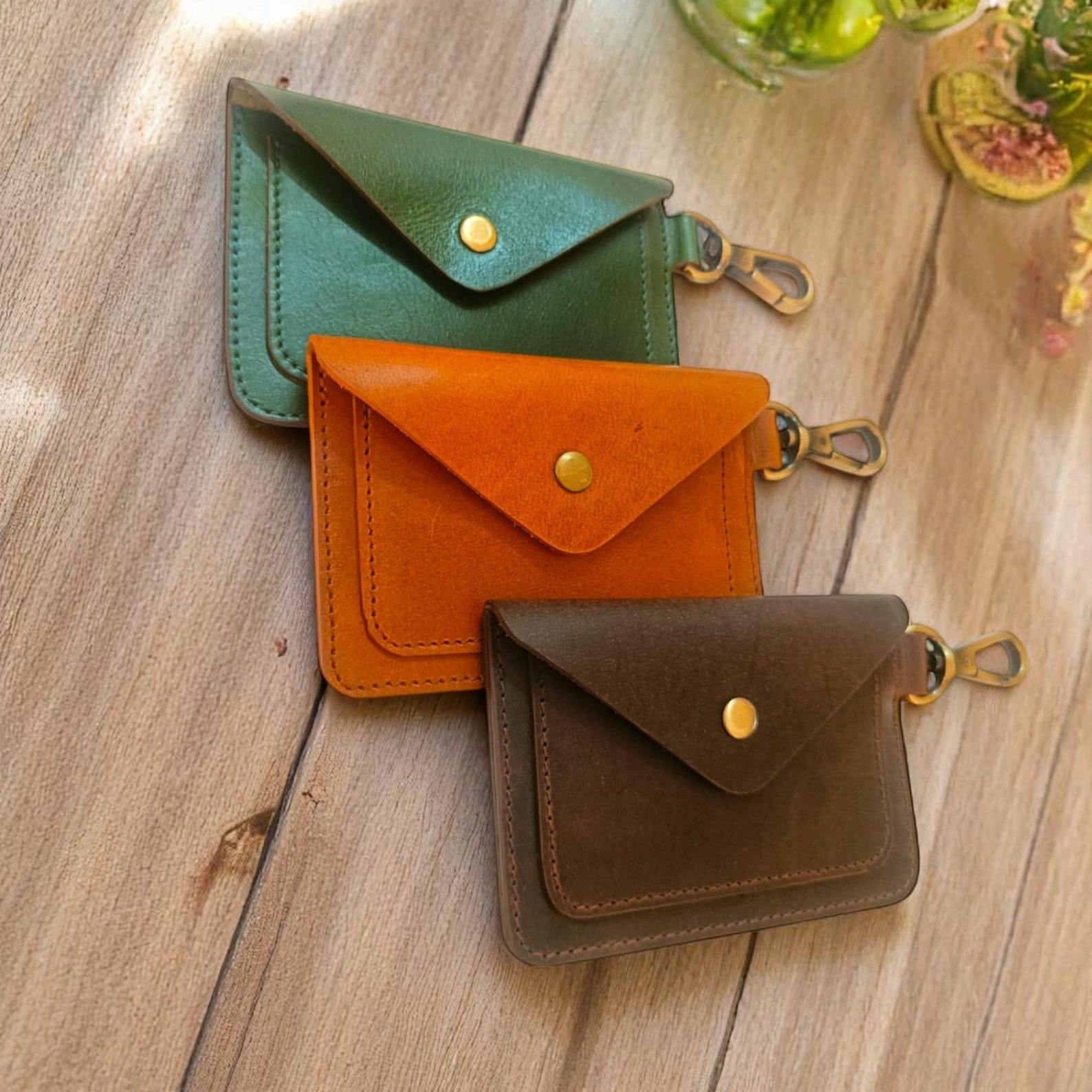 Envelope Mini Leather Coin Bag, Brass Snap Detachable Carabiner Clip 3-Color Card Key Pouch