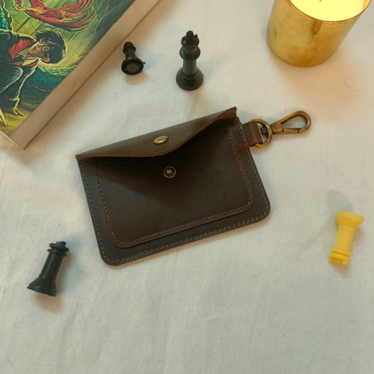 Envelope Mini Leather Coin Bag, Brass Snap Detachable Carabiner Clip 3-Color Card Key Pouch