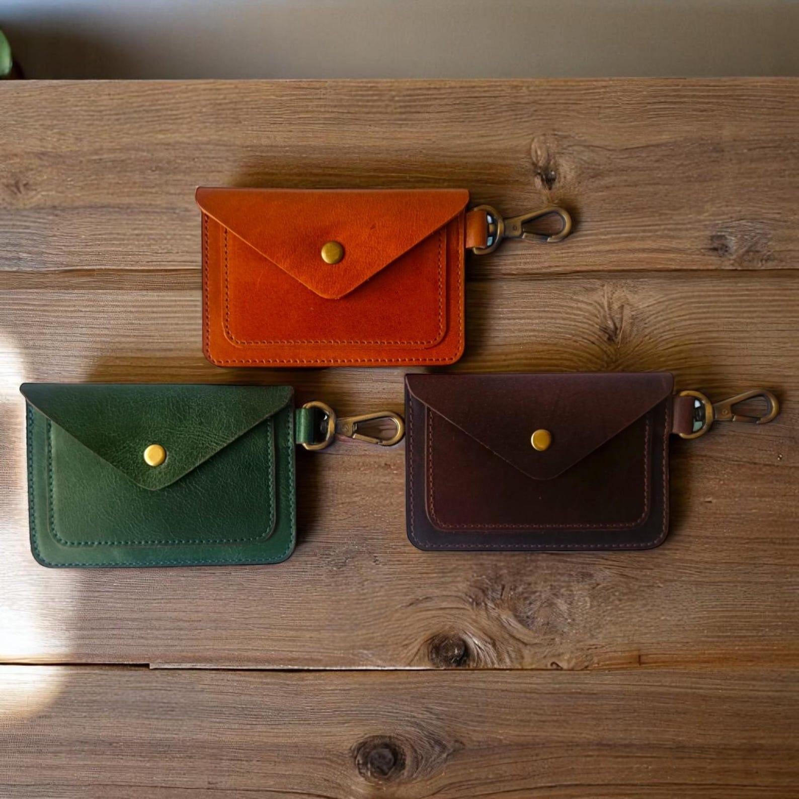 Envelope Mini Leather Coin Bag, Brass Snap Detachable Carabiner Clip 3-Color Card Key Pouch