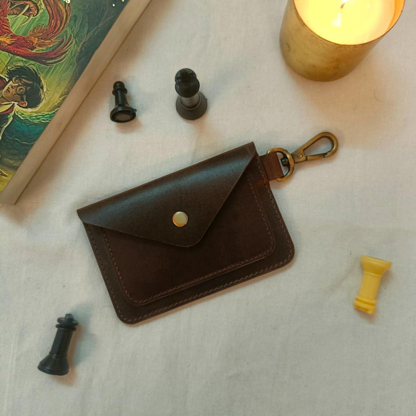 Envelope Mini Leather Coin Bag, Brass Snap Detachable Carabiner Clip 3-Color Card Key Pouch